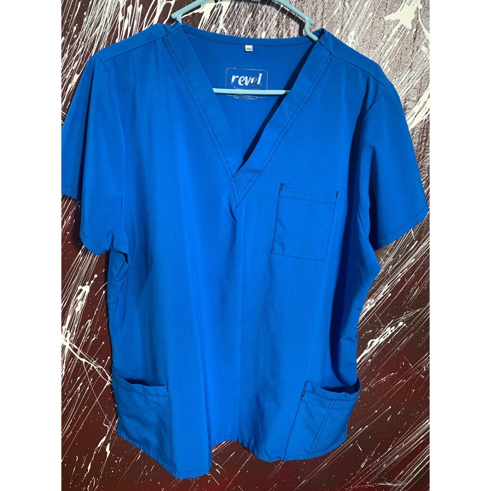 Revel Premium Stretch Scrub Top Womens 1X Royal Blue V-Neck 3-Pocket Medical